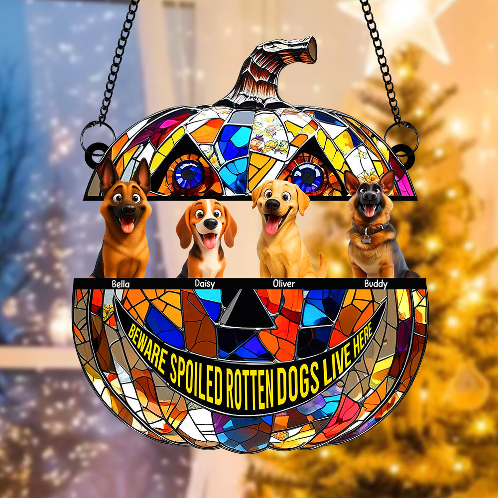 "Beware of Spoiled Rotten Dogs!" - Personalized Pumpkin Suncatcher Ornament - Custom Gift for Dog Lovers Ornament PopCulturePrints