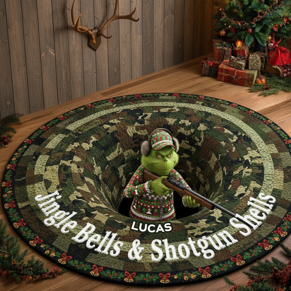 “Jingle Bells & Shotgun Shells” - Personalized Christmas Gift for Hunters - Quilted Round Mat Doormat PopCulturePrints
