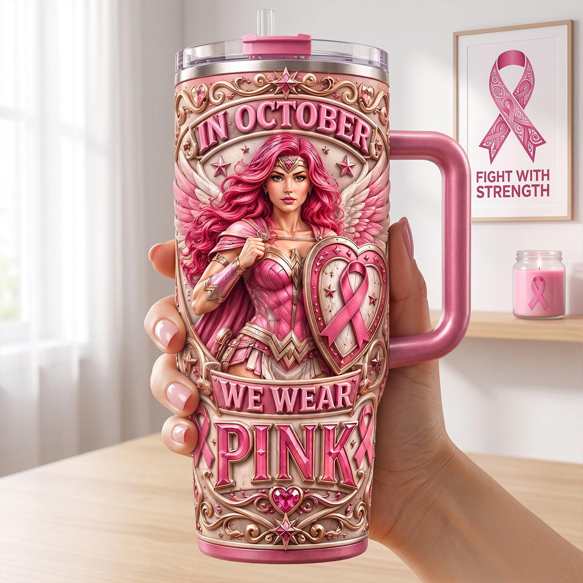 In October We Wear Pink – Personalized 40oz Tumbler With Handle for Cancer Awareness