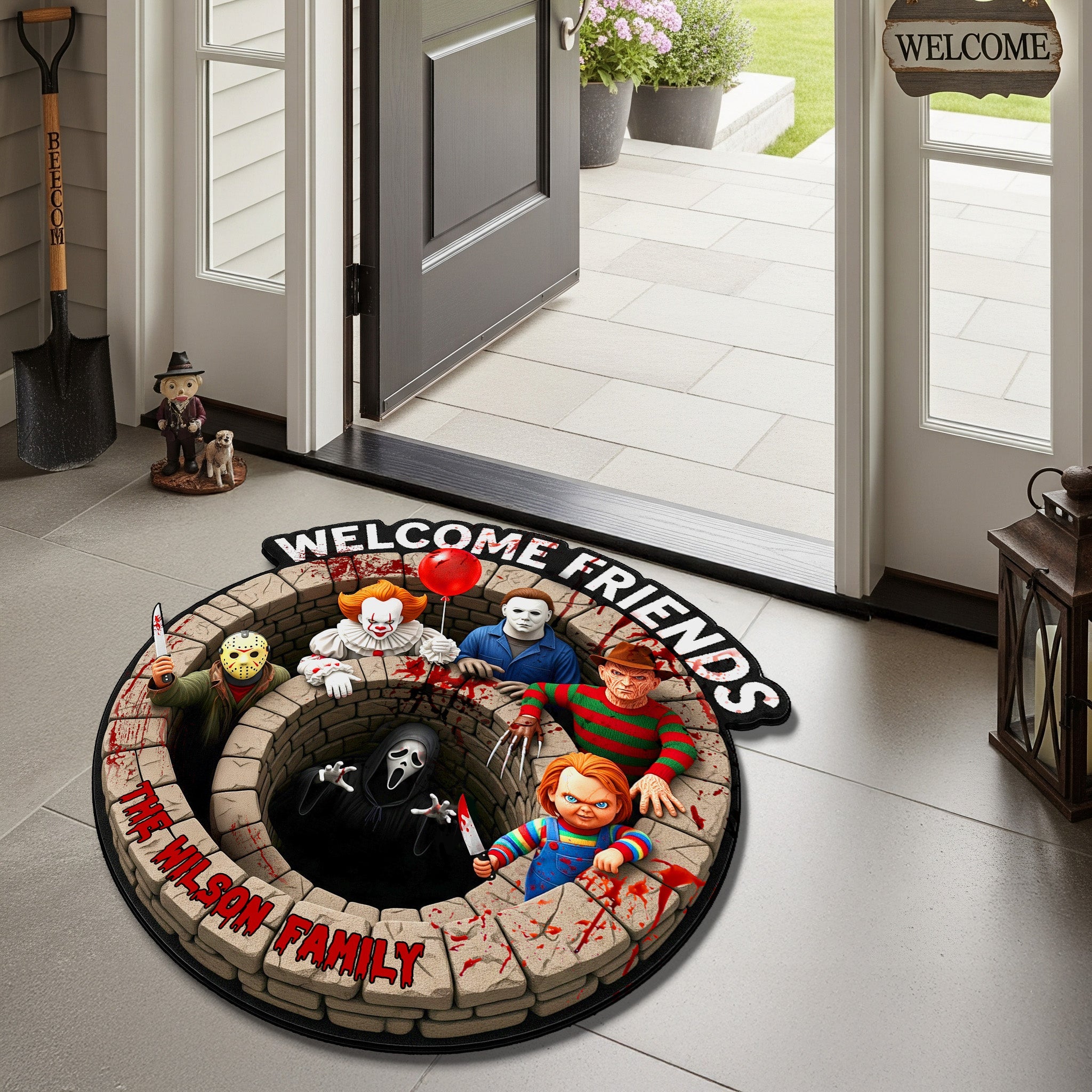 "Welcome Friends!" - Horror Halloween Villains Doormat - Personalized, Custom Gift for Movie Fans Doormat PopCulturePrints