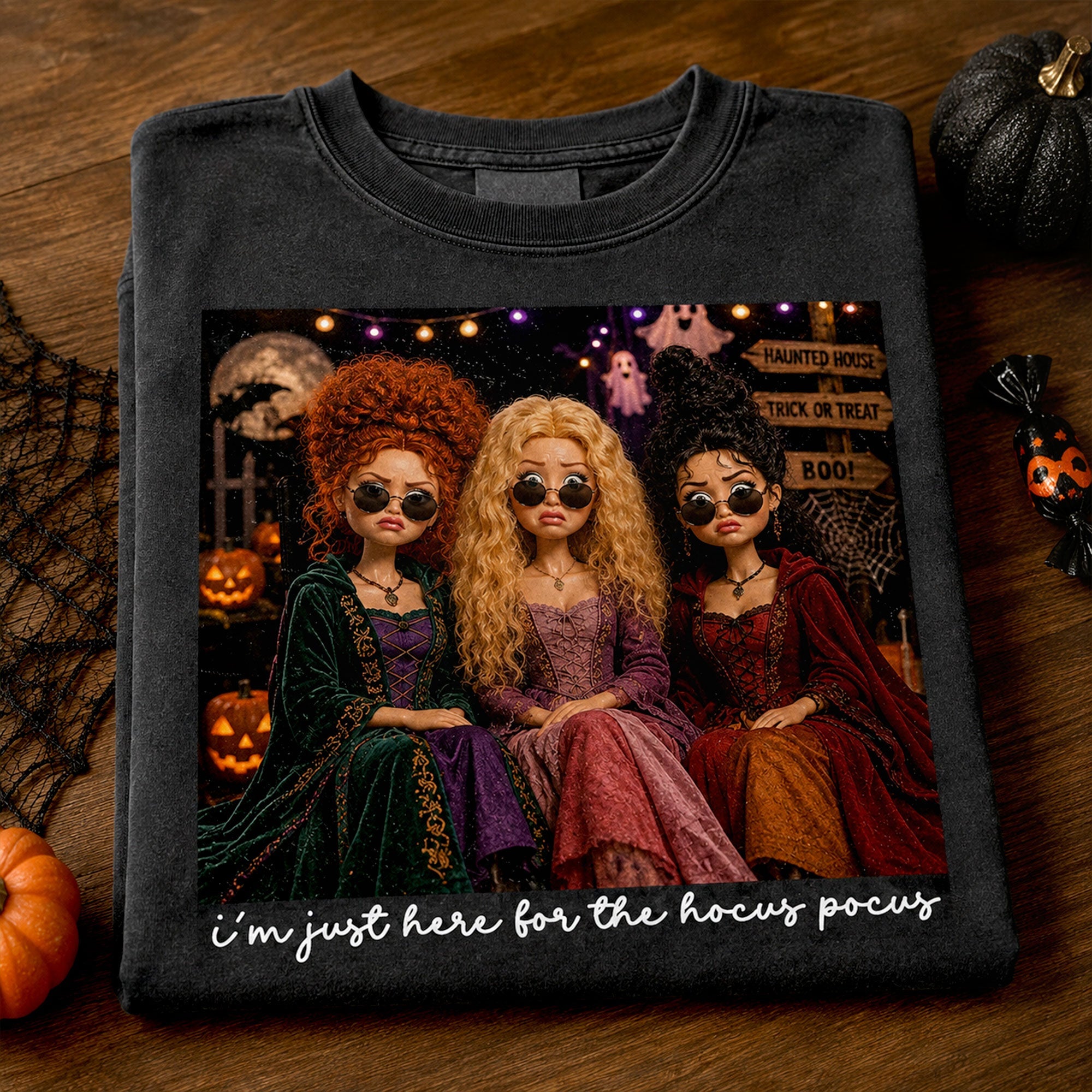 I'm Just Here for the Hocus Pocus - Witchy Halloween Washed Shirt - Personalized Gift for Fans of Spooky Culture