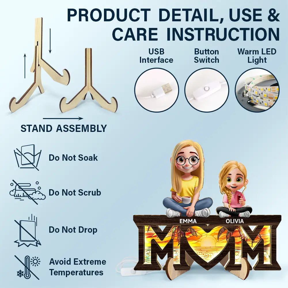 We Love You Mom 3D Cartoon - Personalized LED Light Wooden Plaque LED Light Wooden Plaque PopCulturePrints
