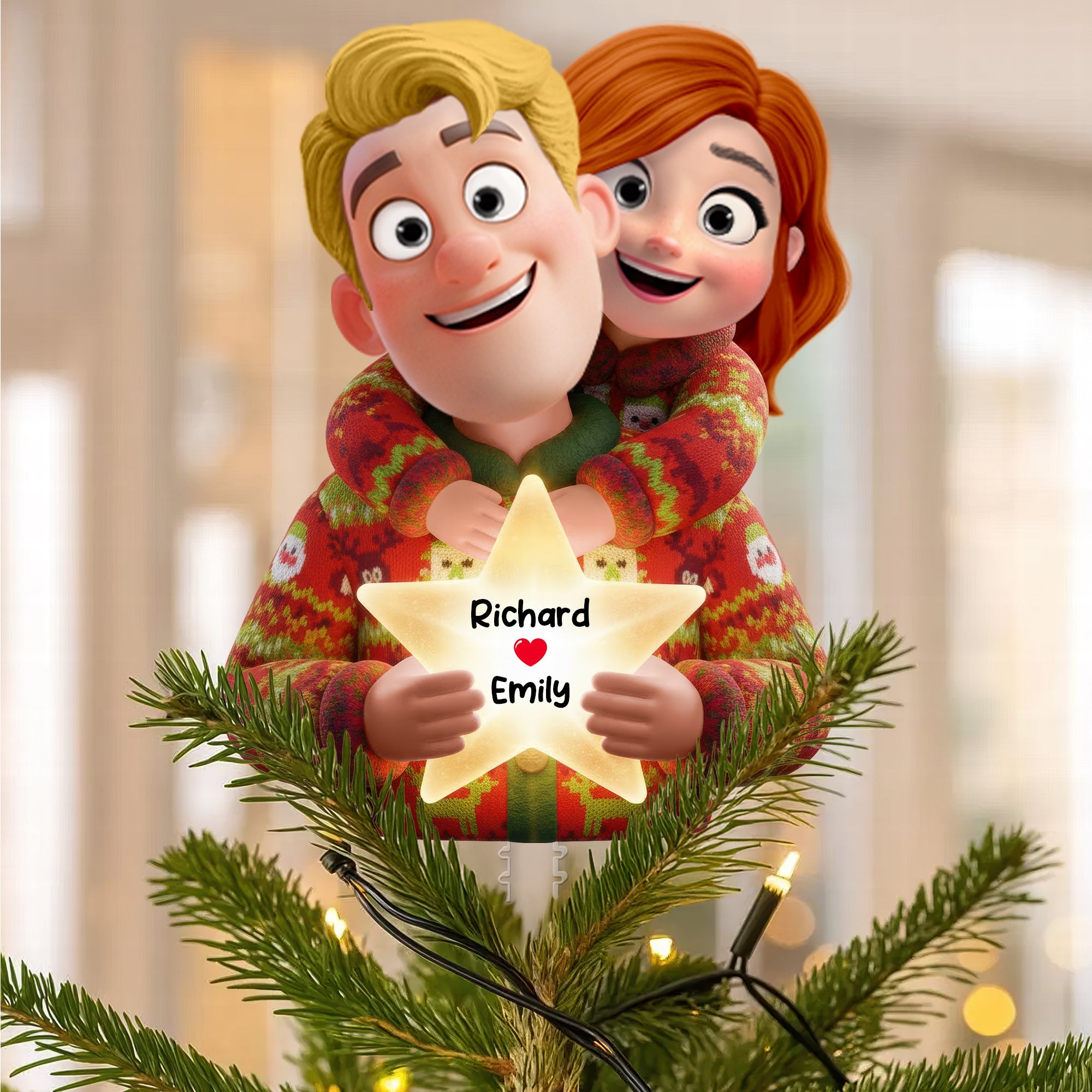 Sweet Hugging Couple Christmas Tree Topper - Personalized Gift for Couples, A Touch of Love Ornament PopCulturePrints