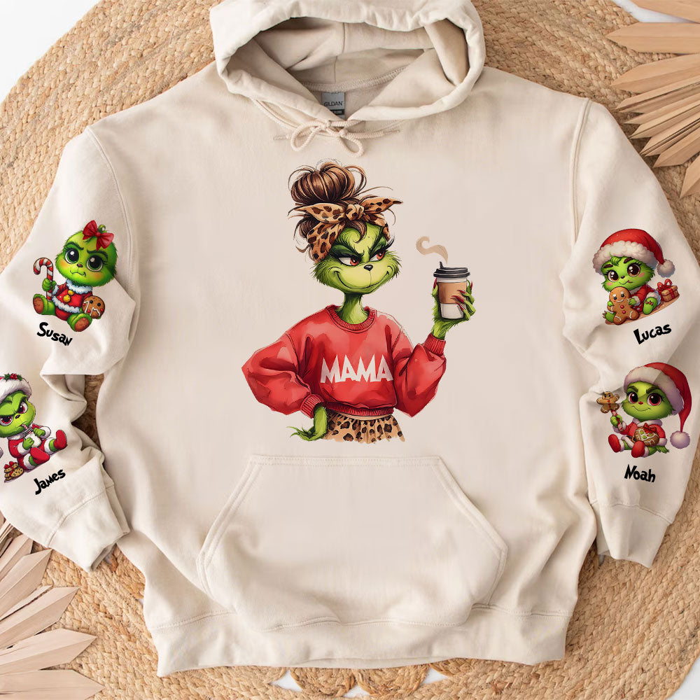 Personalized Grinch Christmas Hoodie for Moms - Custom Names & Festive Design AOP Products PopCulturePrints