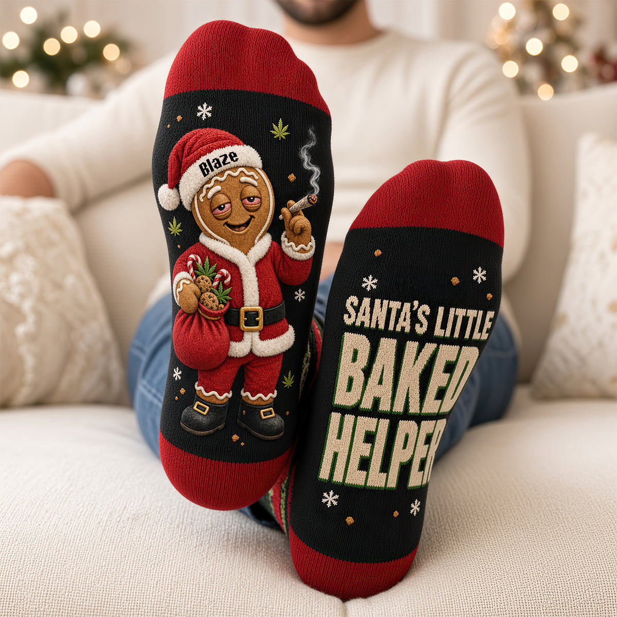 “Get Ready to Laugh: Santa’s Little Baked Helper” - Funny Stoner Santa Socks, Personalize for Holiday Cheer