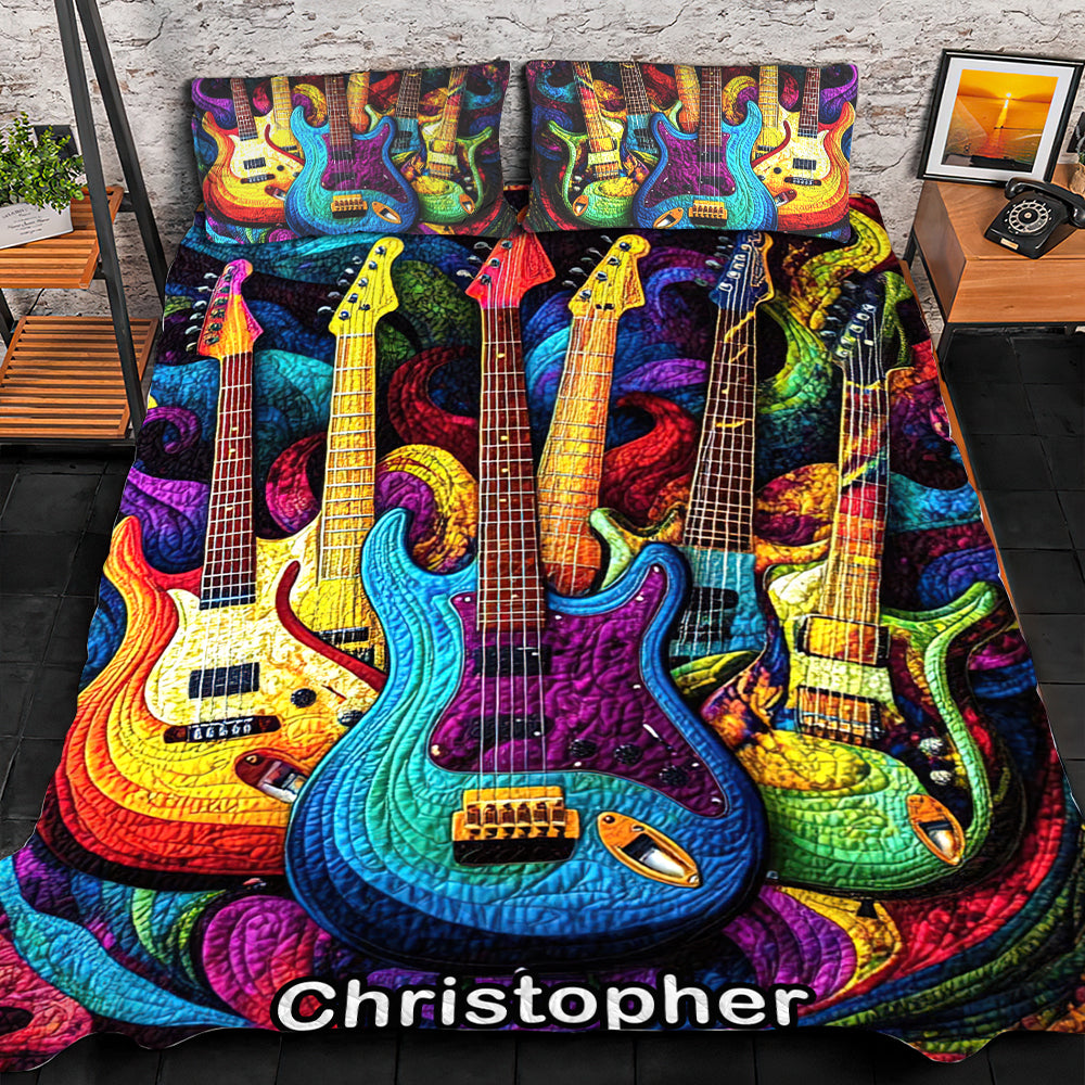 Personalized Guitar Lovers Quilt Bedding Set - Vibrant Melody Design Blanket PopCulturePrints