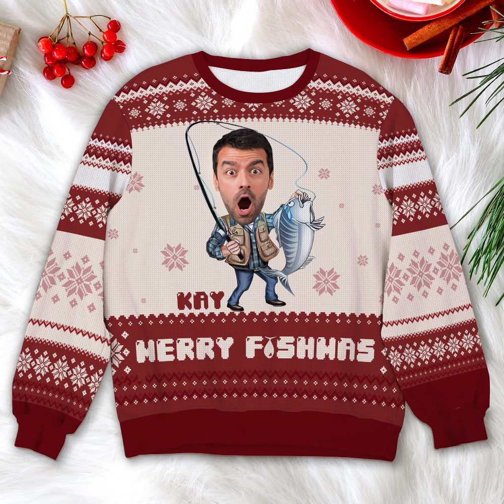 Personalized Fishing Lover Christmas Ugly Sweater Ugly Christmas Sweater PopCulturePrints