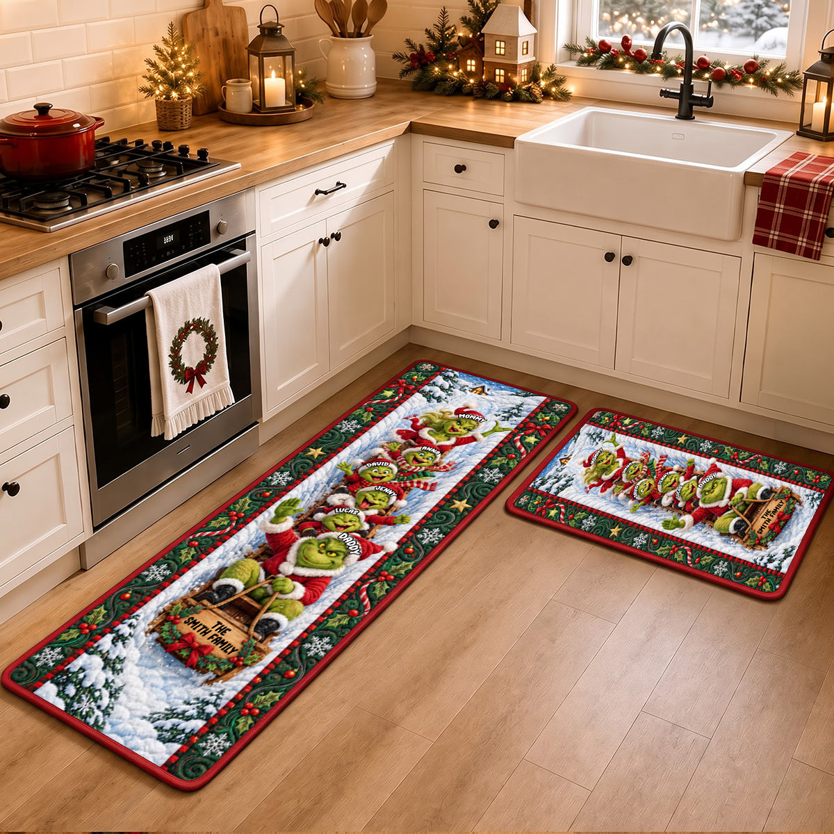 Celebrate Family Joy: Personalized Grinch Sleigh Runner Rug - Unique Christmas Decor Gift for Everyone