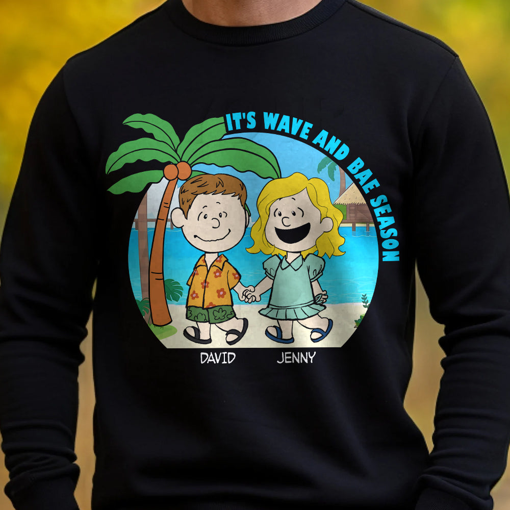 Personalized Cartoon Couple Beach Vacation T-Shirt - Wave and Bae Season