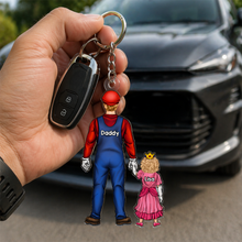 Load image into Gallery viewer, “Celebrate Your Super Dad!” - Retro Game Dad Keychain - Personalized Gift for Father, Grandpa, and More Keychains PopCulturePrints
