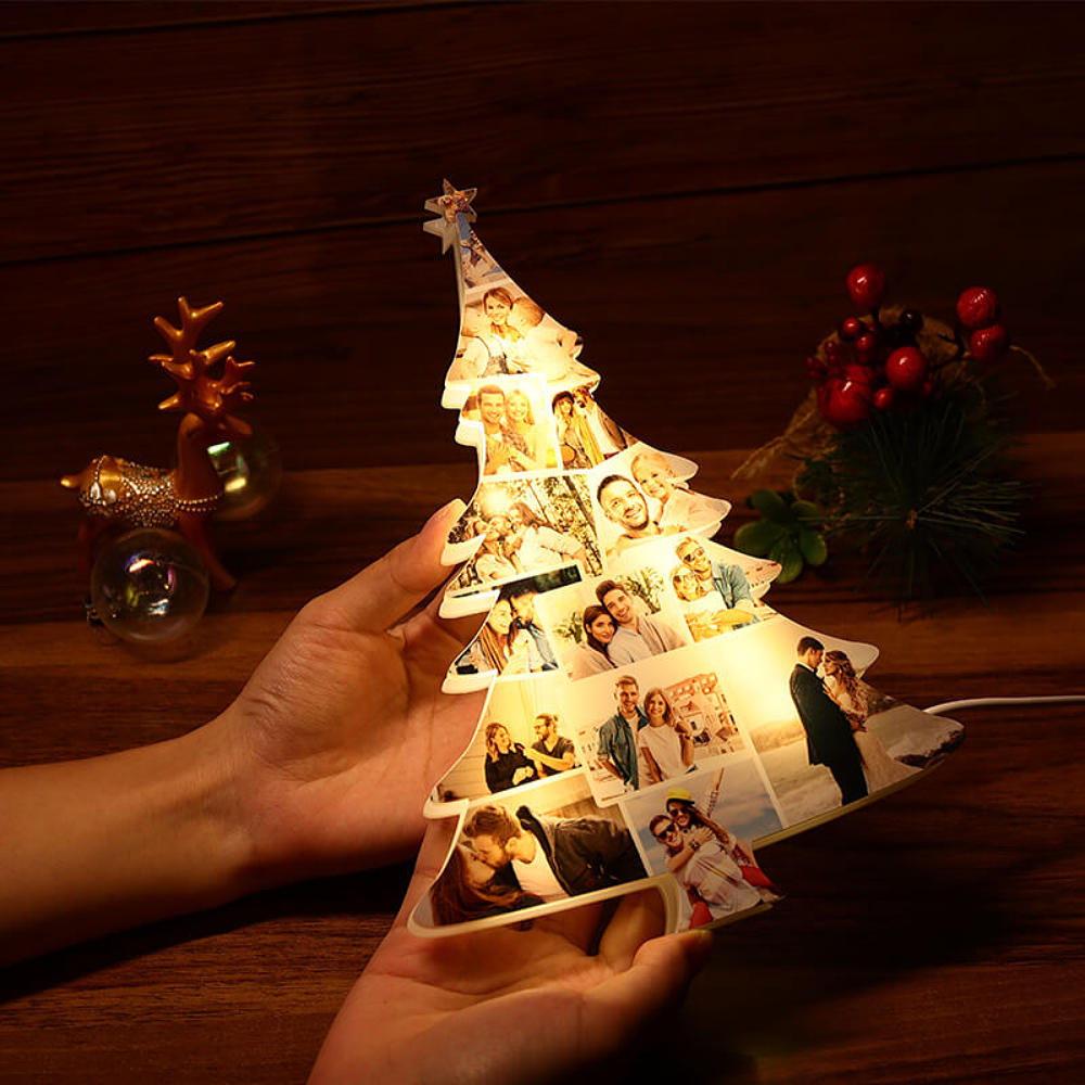 Personalized Christmas Tree Shaped Photo Light - Custom Family Gift