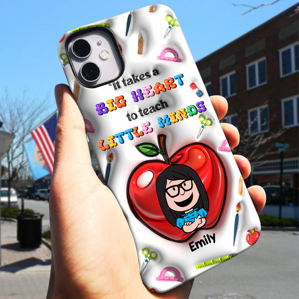 Personalized Teacher Appreciation Phone Case with Cartoon Character – 'It Takes a Big Heart to Teach Little Minds'