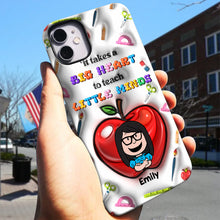 Load image into Gallery viewer, Personalized Teacher Appreciation Phone Case with Cartoon Character – &#39;It Takes a Big Heart to Teach Little Minds&#39;
