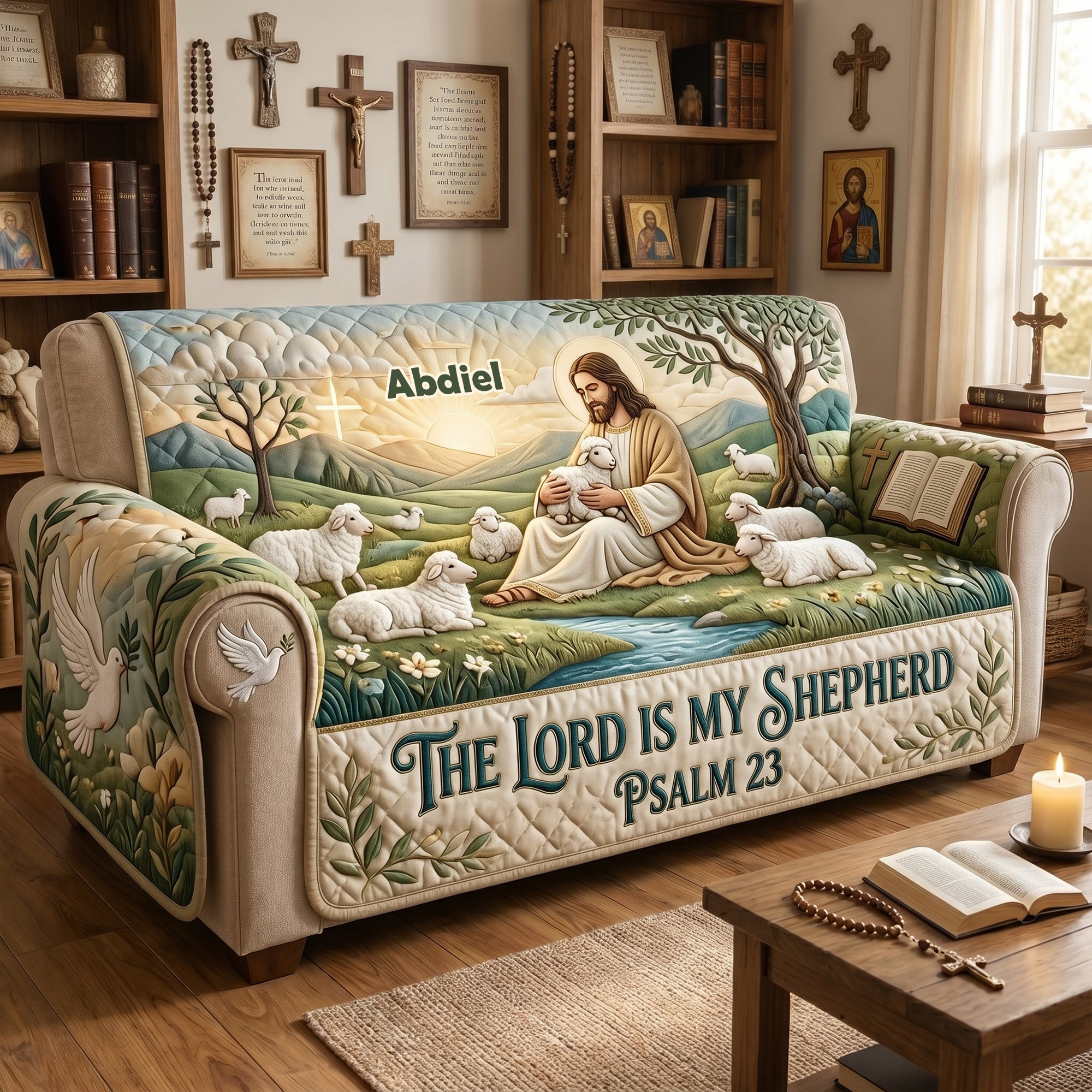 The Lord Is My Shepherd - Personalized Quilted Sofa Cover for Christians Sofa Cover PopCulturePrints