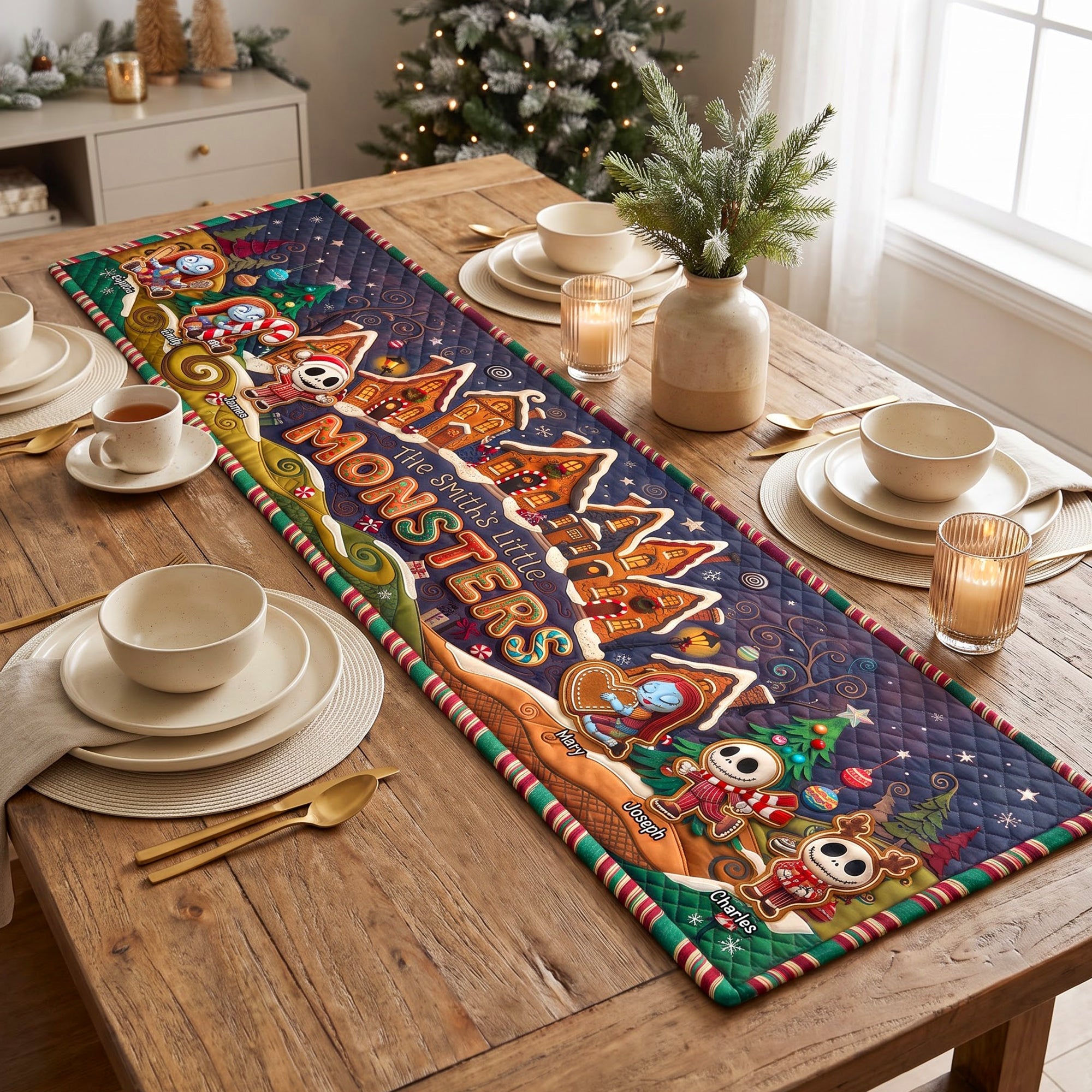 Celebrate the Holidays with 'The Smith's Little Monsters' – Personalized Gingerbread Quilted Table Runner