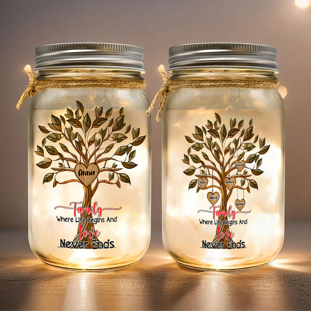 Custom Family Tree Mason Jar Light - Where Life Begins and Love Never Ends Drink Jar PopCulturePrints