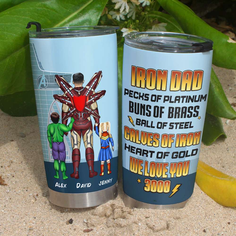 Iron Dad Personalized Tumbler with Superhero Kids - We Love You 3000