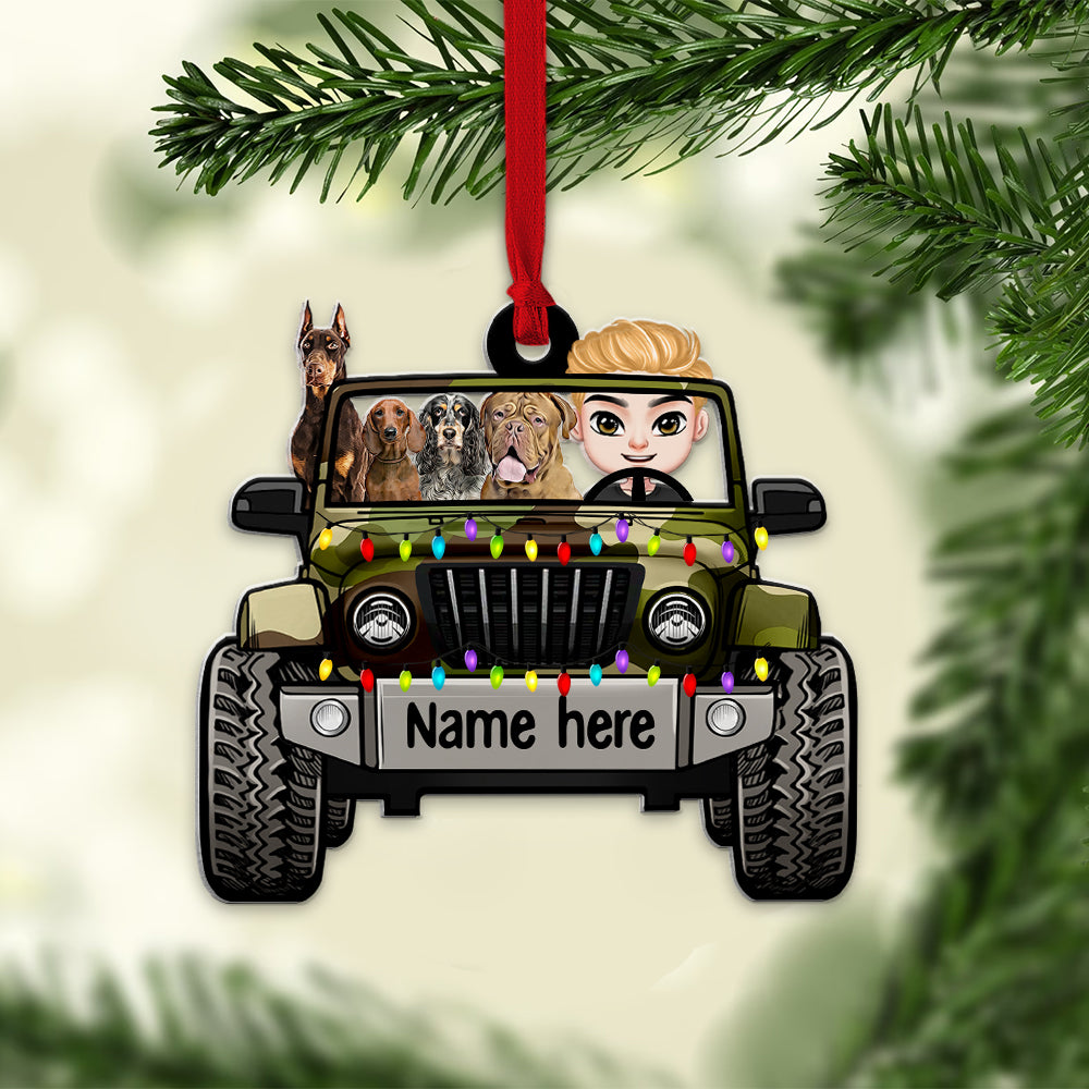 Personalized Christmas Ornament - Dog Lover in Jeep