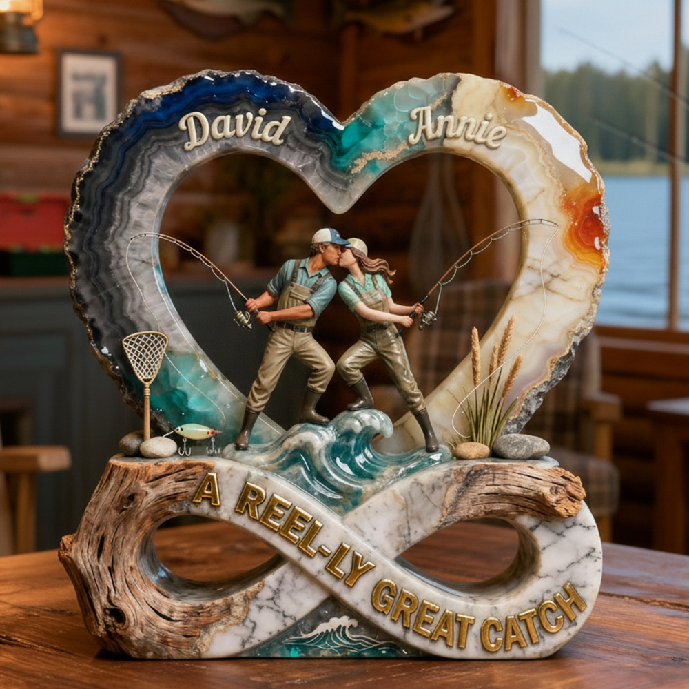 "Hooked on Love: A Reel-Ly Great Catch" - Personalized Fishing Couple Acrylic Plaque Shaped Plaques PopCulturePrints