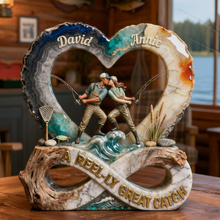 Load image into Gallery viewer, "Hooked on Love: A Reel-Ly Great Catch" - Personalized Fishing Couple Acrylic Plaque Shaped Plaques PopCulturePrints
