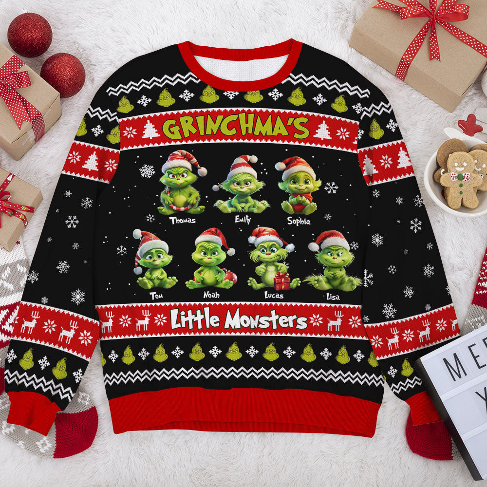 Custom Ugly Sweater for Grandma with Little Green Monsters