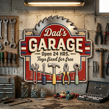 Load image into Gallery viewer, “Dad's Garage: Where Memories are Built” - Personalized Cut Metal Sign - Gift for Dad, Grandpa, Father’s Day Metal Signs PopCulturePrints

