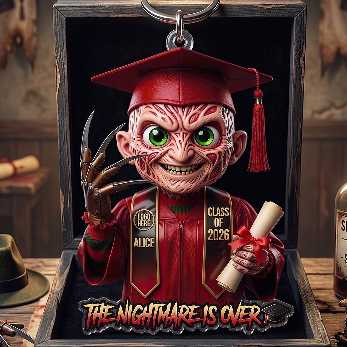 The Nightmare is Over - Personalized Horror Villain Graduate Keychain Keychains PopCulturePrints