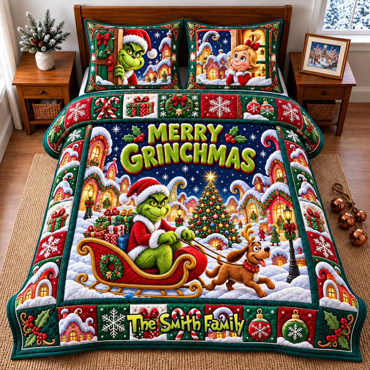 "Bring Joy and Festivity with the Grinch - Personalized Quilt Bedding Set for Christmas Gifts"