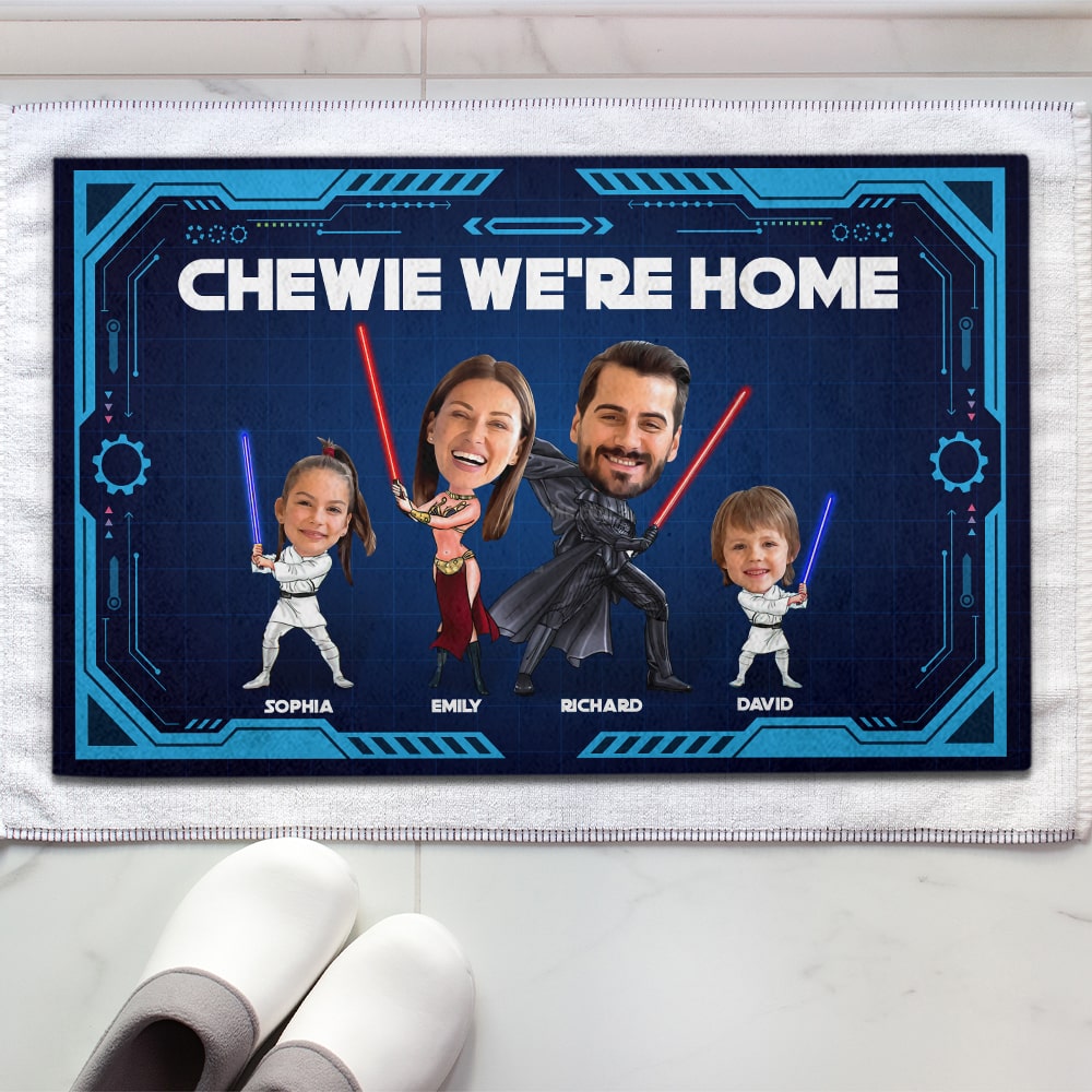 Custom Star-Themed Family Photo Doormat - 'Chewie We're Home' Doormat PopCulturePrints