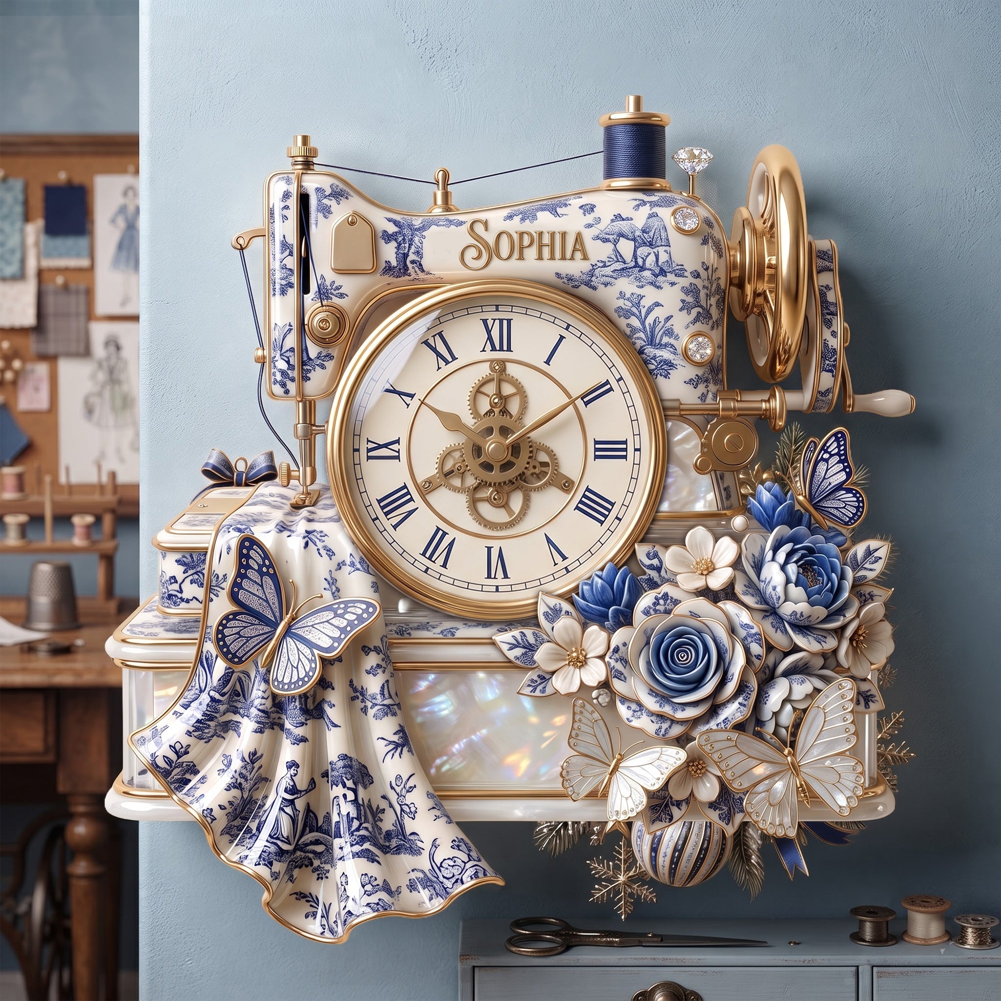 Embrace Timeless Artistry - Floral Sewing Toile De Jouy Wall Clock - Personalized Gift for Craft Lovers and Special Occasions Hanging Wall Clock PopCulturePrints
