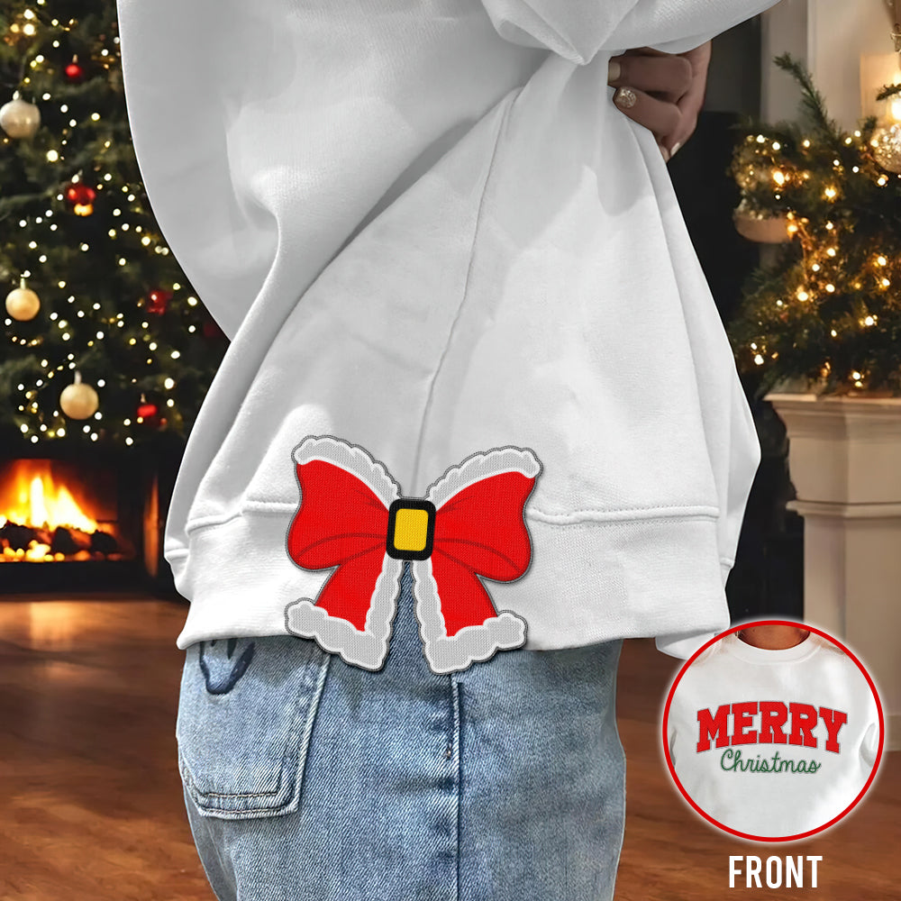 Festive Red Bow Merry Christmas Embroidered Sweatshirt