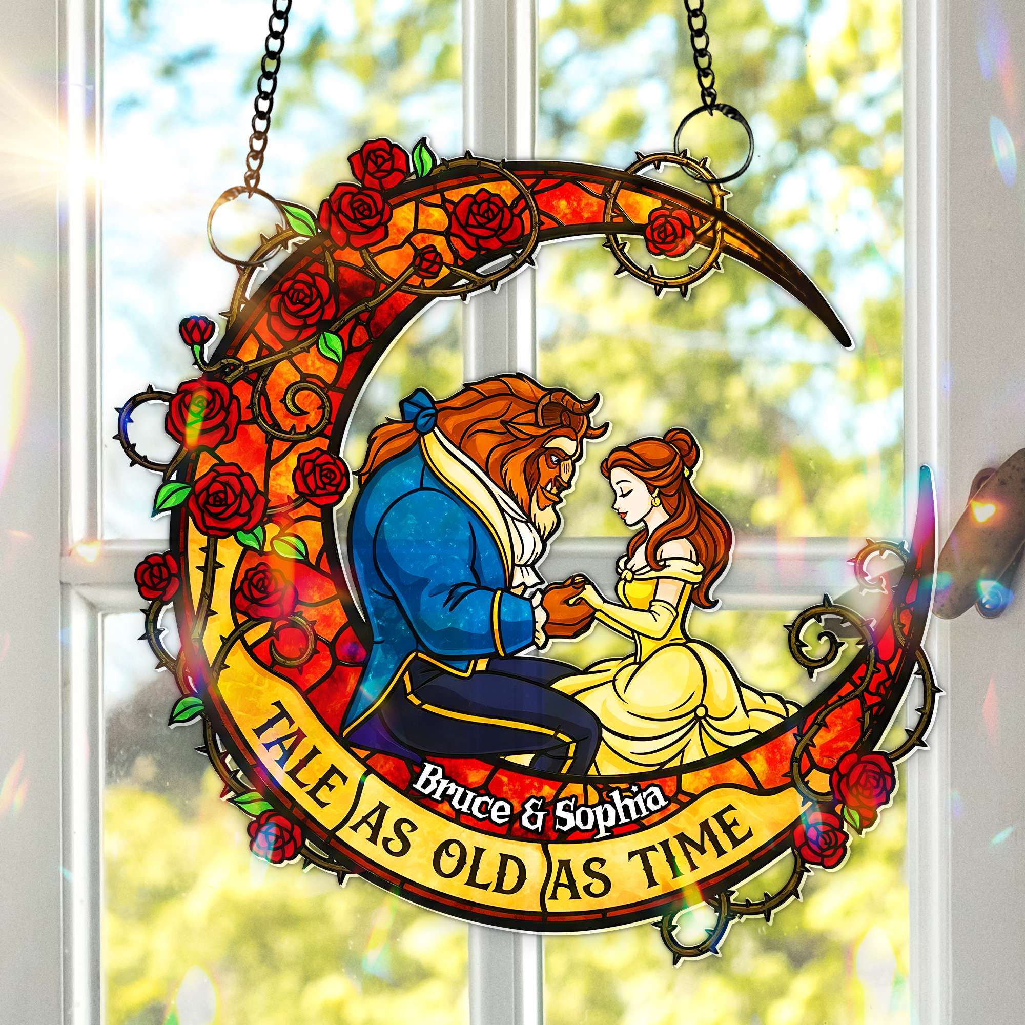 "A Tale As Old As Time" - Personalized Fairytale Couple Suncatcher Ornament - Unique Gift for Couples, Anniversaries, and Special Occasions Ornament PopCulturePrints
