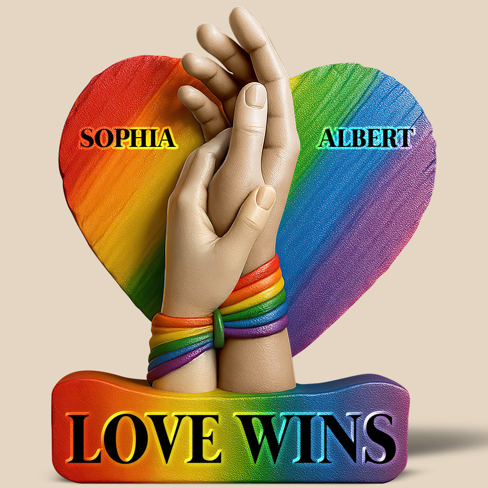 "Love Wins" - Personalized LGBT Couple Acrylic Plaque - Custom Gift for Couples, Anniversaries, and Celebrations Shaped Plaques PopCulturePrints