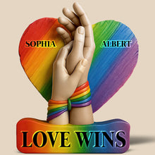 Load image into Gallery viewer, &quot;Love Wins&quot; - Personalized LGBT Couple Acrylic Plaque - Custom Gift for Couples, Anniversaries, and Celebrations Shaped Plaques PopCulturePrints
