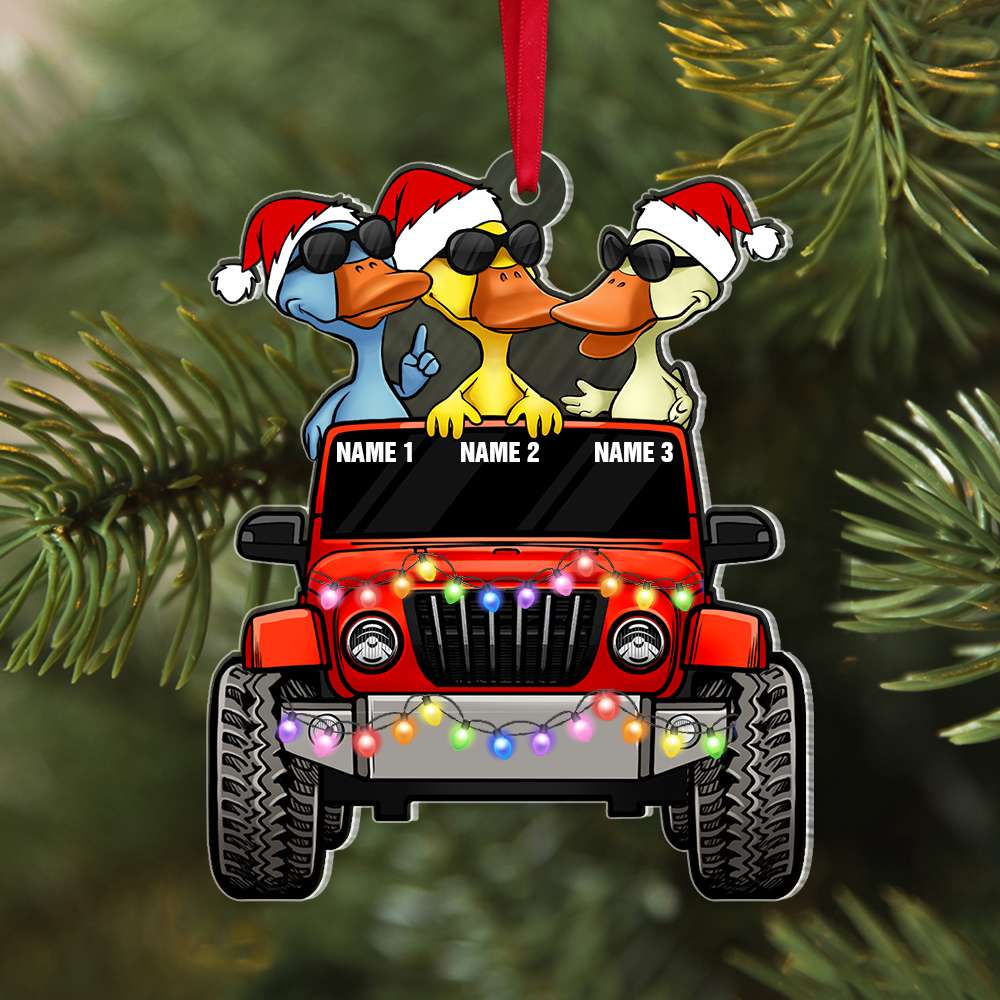 Personalized Duck Family Christmas Ornament - Custom Names - Santa Hats & Lights