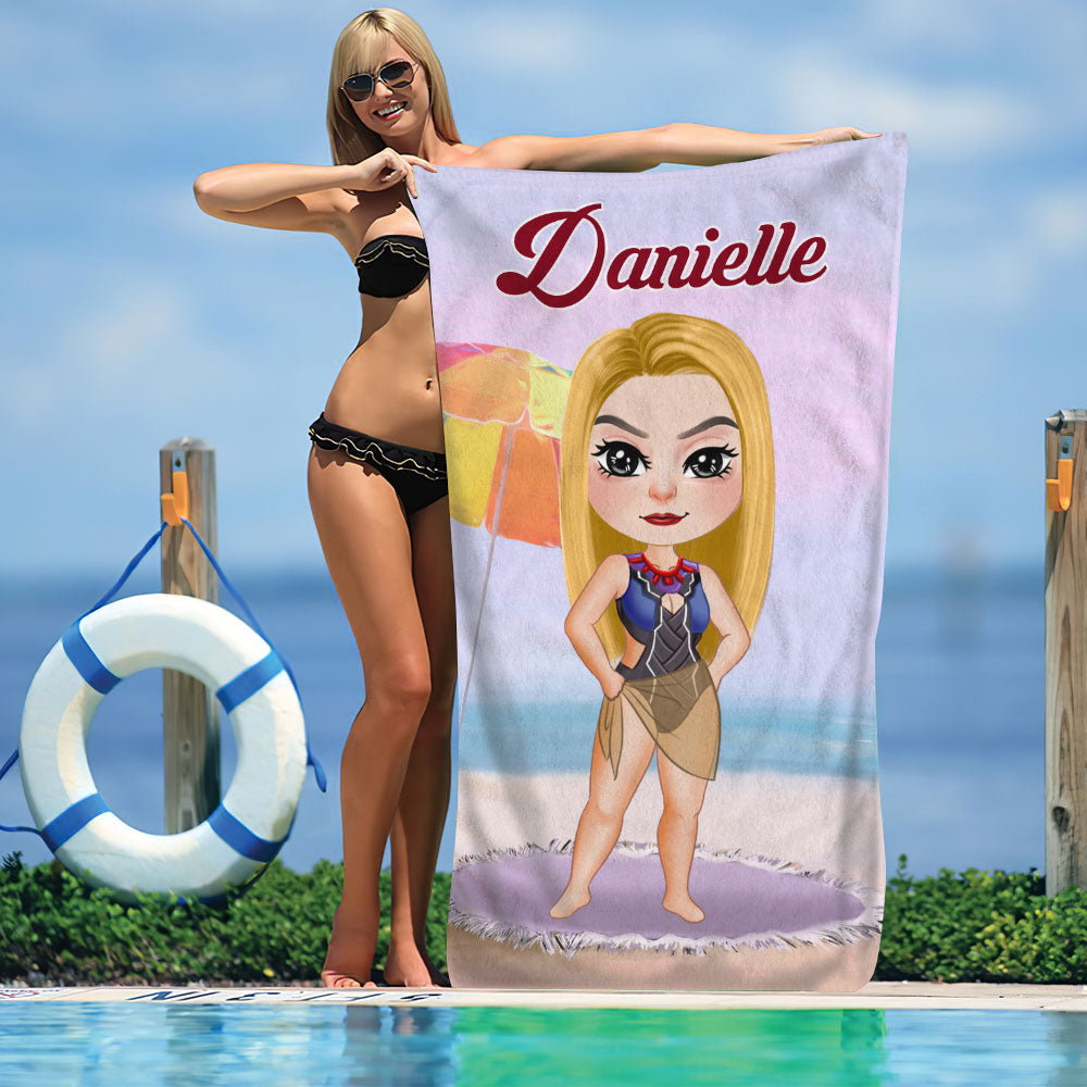 Personalized Summer Beach Girl Towel - Custom Cartoon Illustration Beach Towel PopCulturePrints