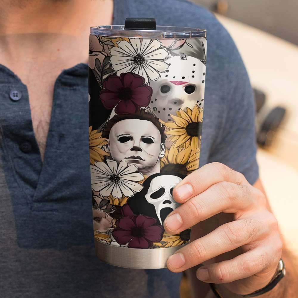 Horror Icons Floral Tumbler - Michael Myers, Ghostface, Jason Voorhees