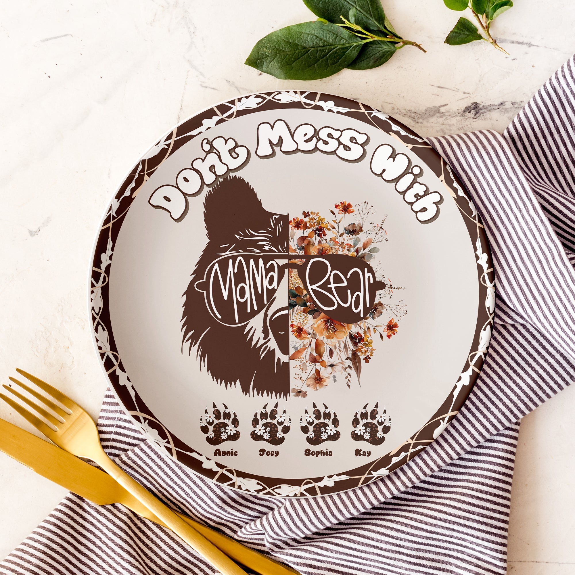 "Don't Mess With Mama Bear" - Personalized Ceramic Round Plate - Gift for Mom, Grandma, and More Ceramic Round Plate PopCulturePrints