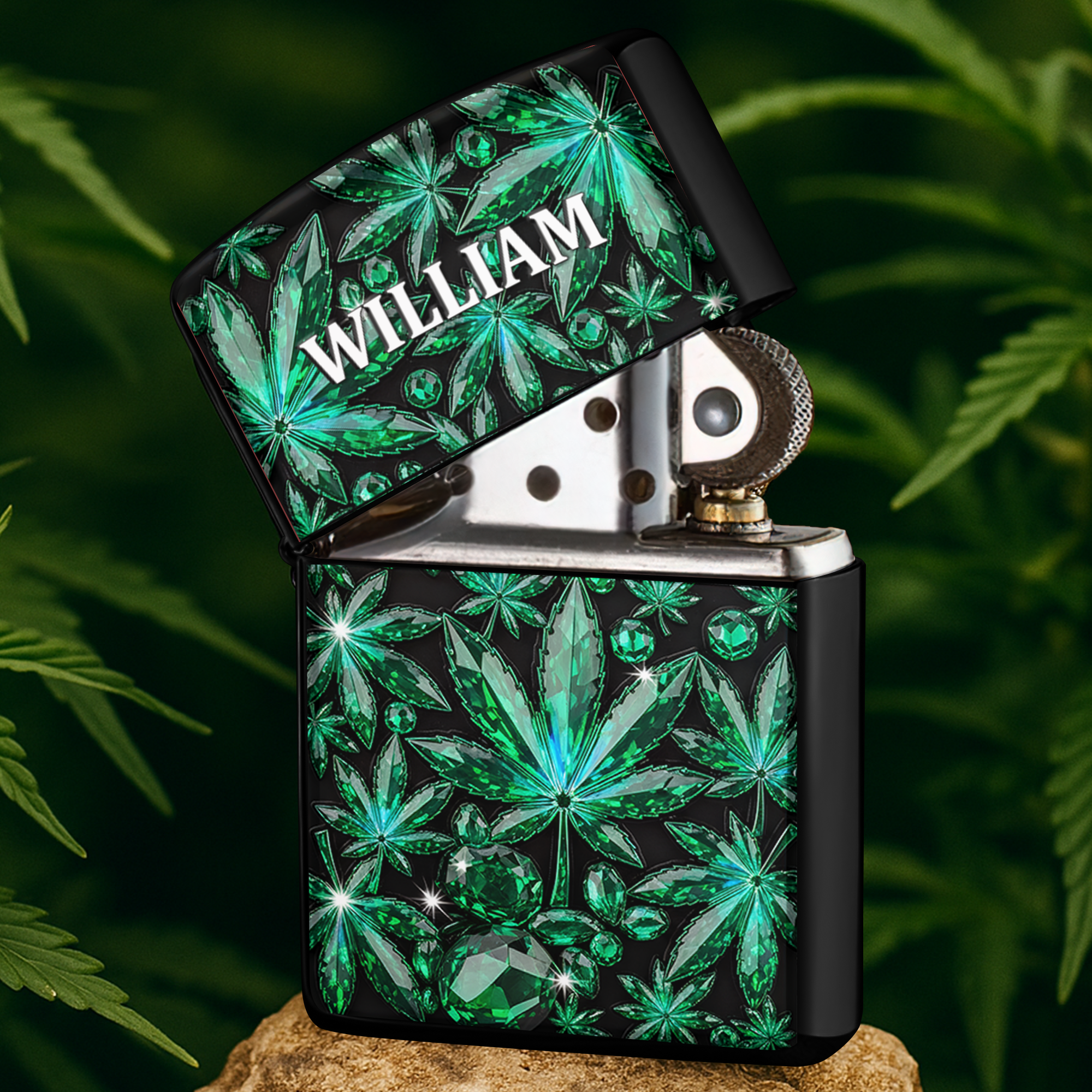 Ignite Your Style: Custom Crystal Leaf Lighter - Personalized Gifts for Stoners Lighter PopCulturePrints
