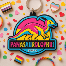 Load image into Gallery viewer, “Let Your Pride Roar!” - Colorful Dinosaur Keychain - Personalized Gift for LGBTQ+ Friends, Family and Allies Keychains PopCulturePrints
