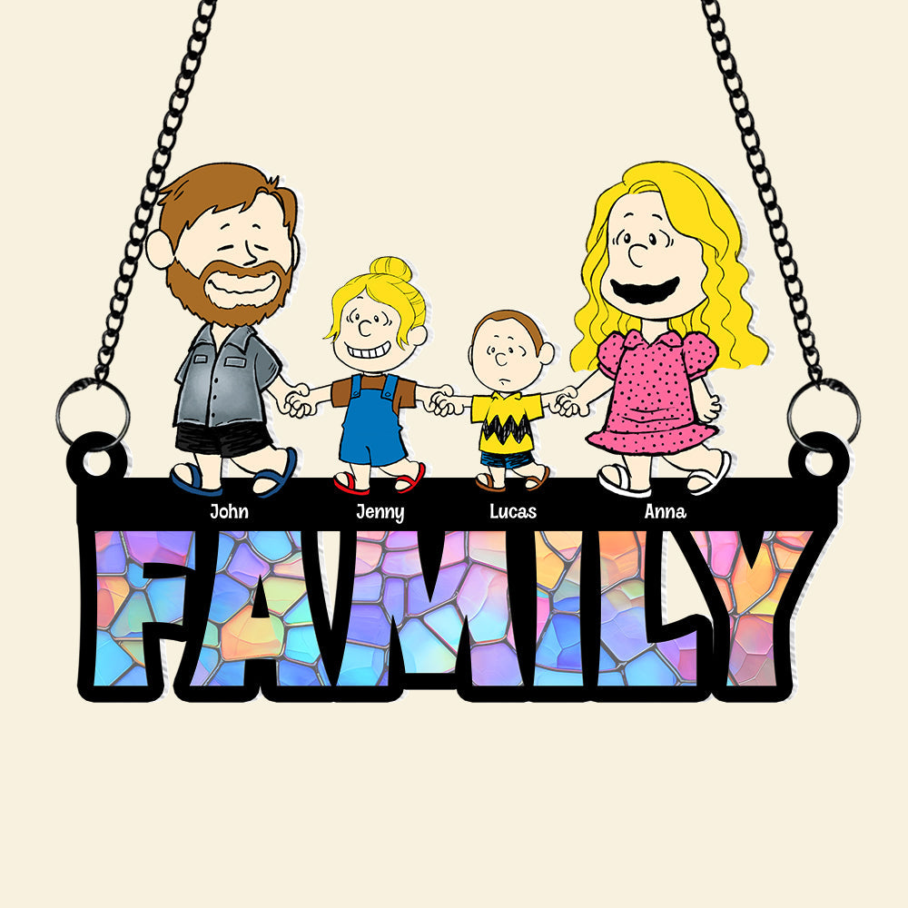 Personalized Family Cartoon Suncatcher Ornament - Custom Name Gift