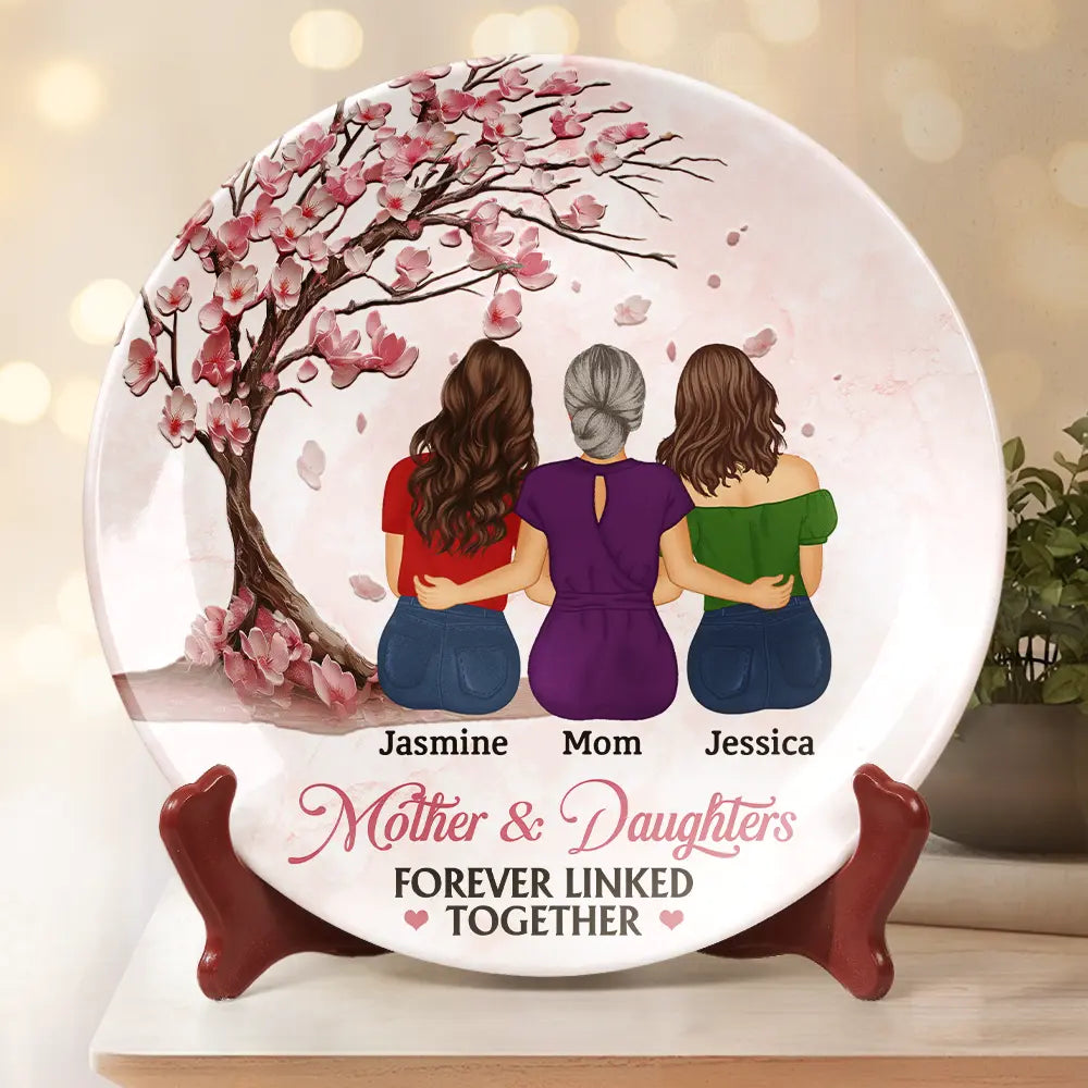 Mother & Daughters - Forever Linked Together Ceramic Plate - Personalized Gift for Mom & Grandma Ceramic Plate PopCulturePrints