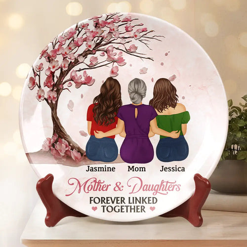 Mother & Daughters - Forever Linked Together Ceramic Plate - Personalized Gift for Mom & Grandma Ceramic Plate PopCulturePrints