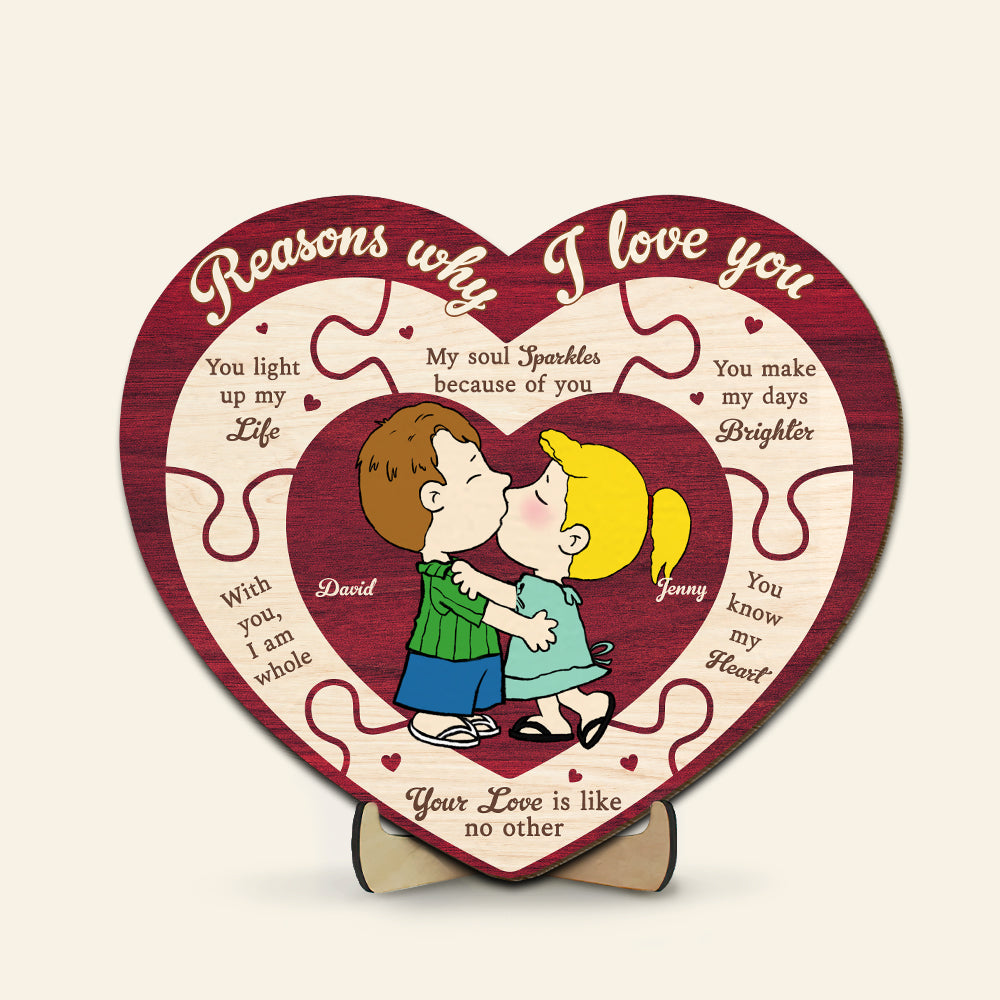Personalized Couple's Puzzle Heart Wood Sign - Reasons I Love You Wood Sign PopCulturePrints