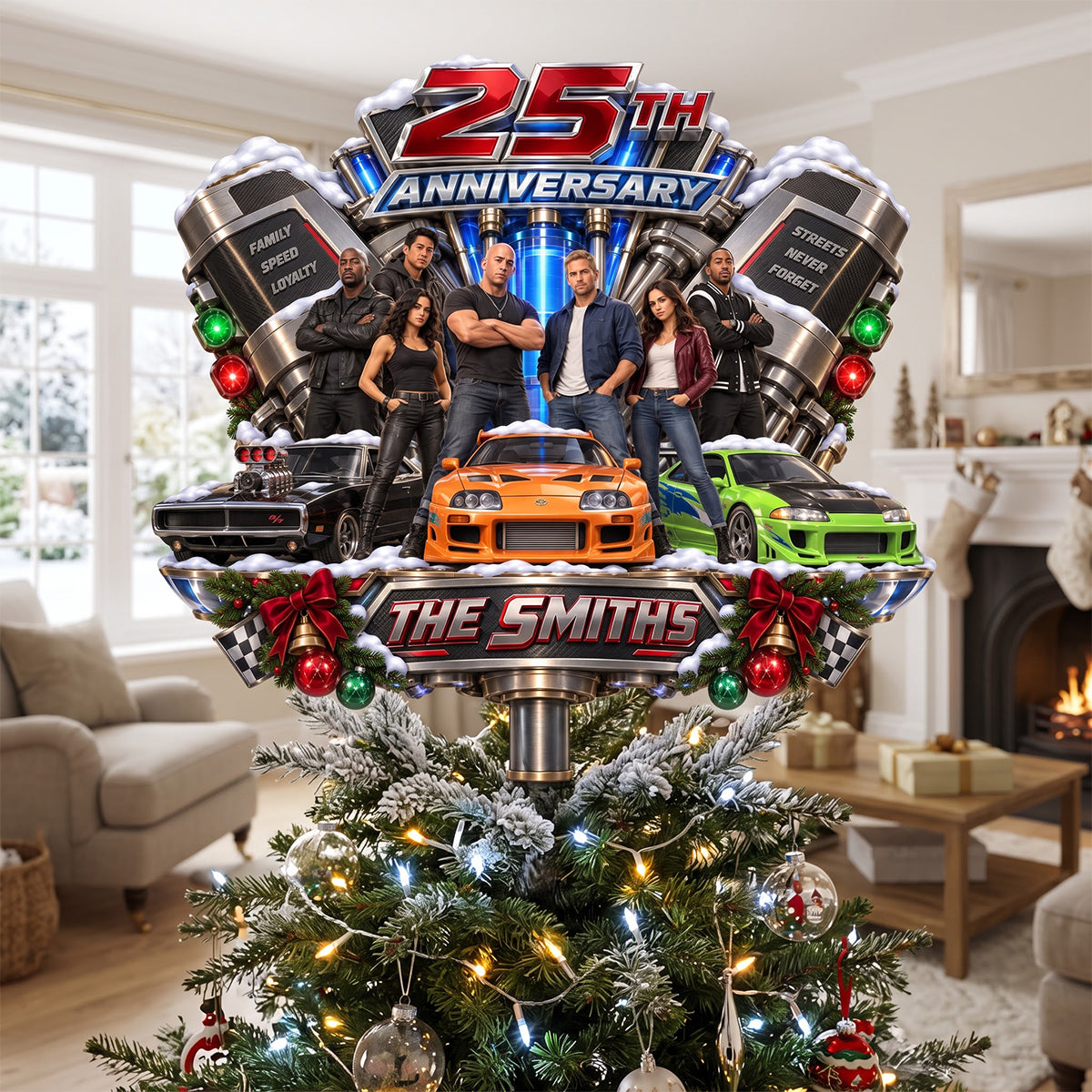 Celebrate Speed: Personalized 25th Anniversary Tree Topper - A Unique Gift for Car Enthusiasts