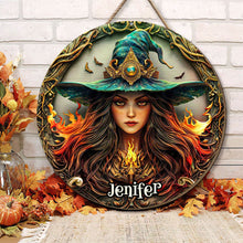 Load image into Gallery viewer, Personalized Halloween Witch Round Wood Sign - Custom Home Decor
