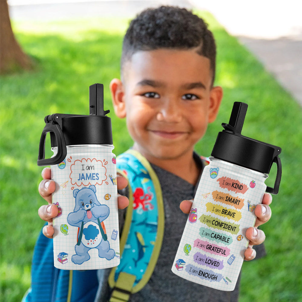 Personalized Kids Water Bottle - Cute Bear Design with Positive Affirmations