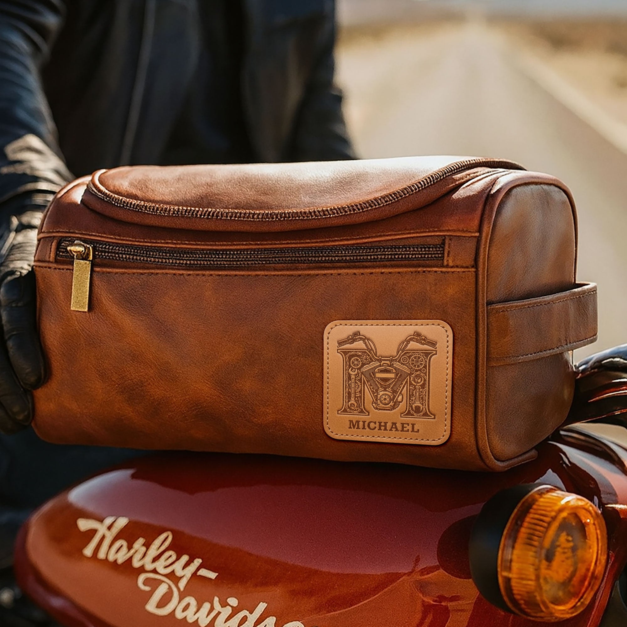 Ride in Style: Personalized Motorcycle Initial Letter Leather Toiletry Bag - Perfect Gift for Bikers Toiletry Bag PopCulturePrints