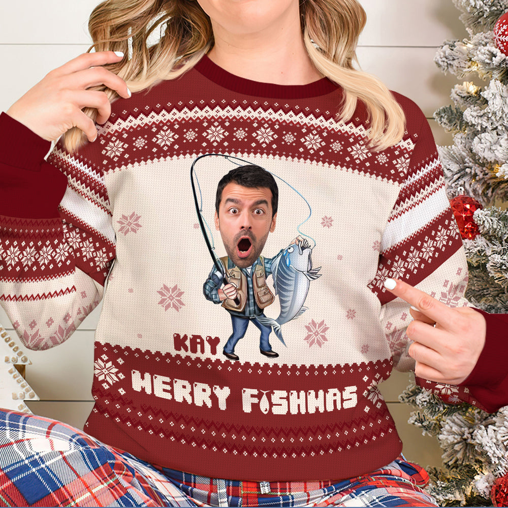Personalized Fishing Lover Christmas Ugly Sweater Ugly Christmas Sweater PopCulturePrints