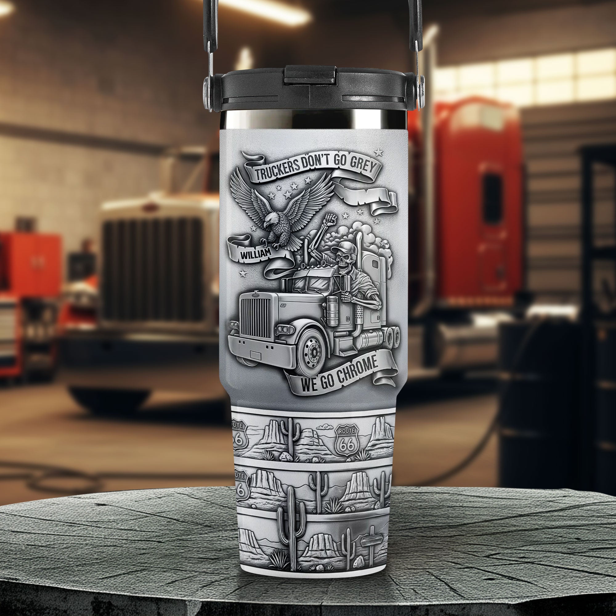 Truckers Don’t Go Grey – Personalized Badass Skull Trucker Tumbler Tumbler Cup PopCulturePrints